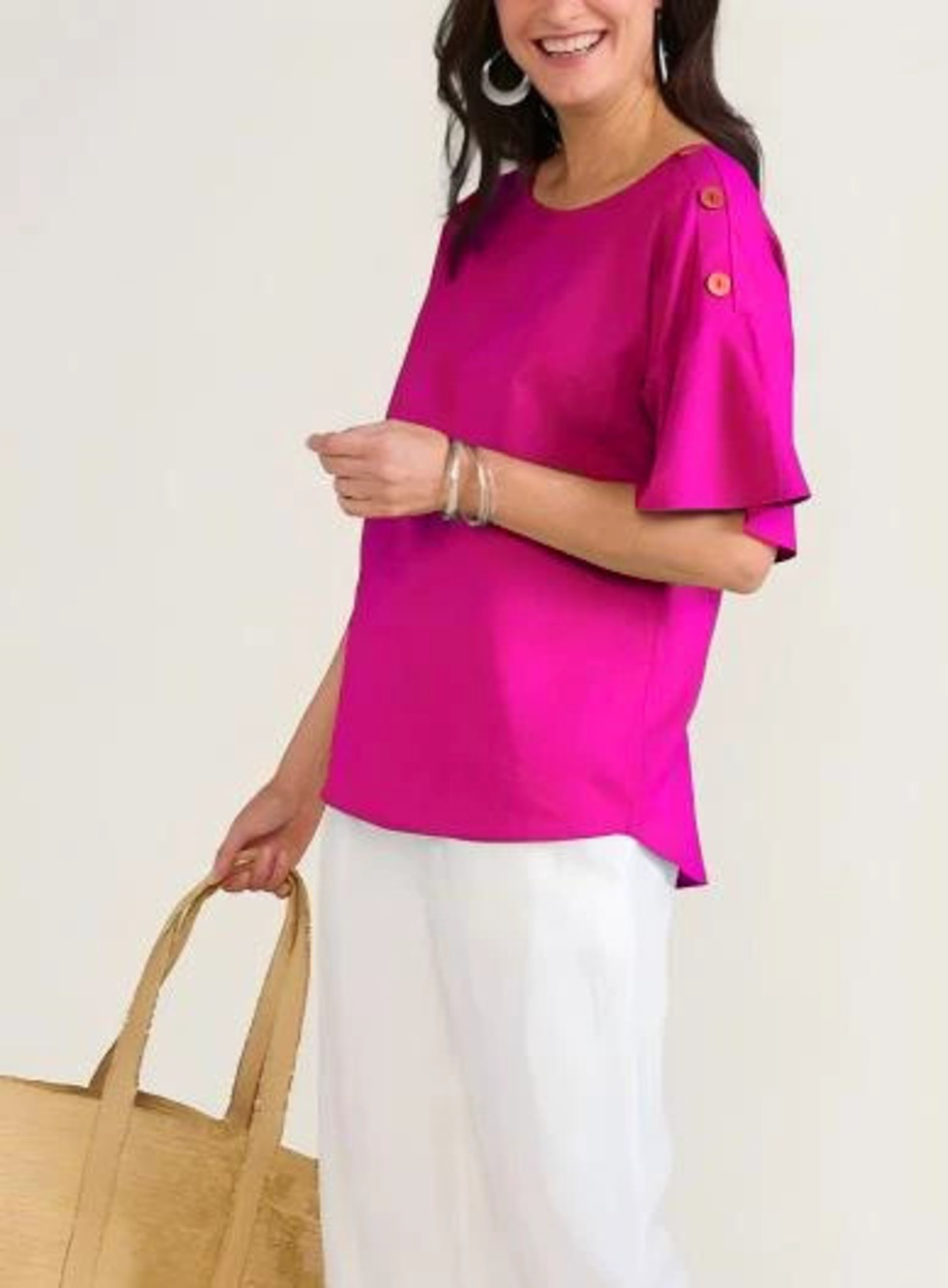 ZARA Plus Size Solid Short Sleeve Boat Neck Side Button Slimming Office Blouse